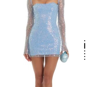 Lucy in the Sky Iridescent Light Blue Sequin Long-Sleeve Bodycon Mini Dress